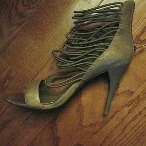 Khaki green leather sole size 6 open tote heels